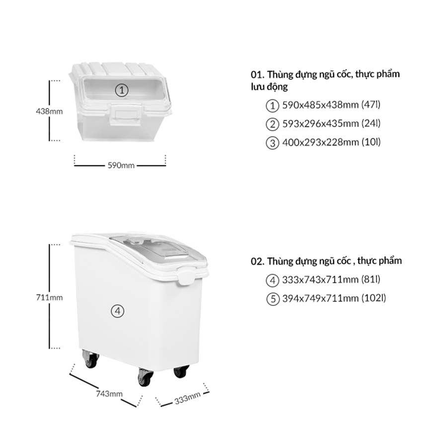 Thùng đựng gạo, đựng ngũ cốc, đựng hạt khô bằng nhựa dung tích lớn có bánh xe 81L / 102L - Cobi Home