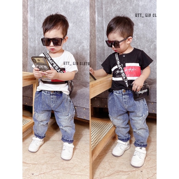 bộ tom mì cổ tròn quần bò đẹp cho bé