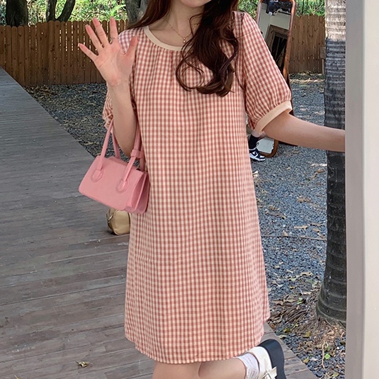 Đầm chữ A SUXI ngắn tay cổ tròn kẻ sọc caro phong cách Hàn Quốc thời trang hè cho nữ