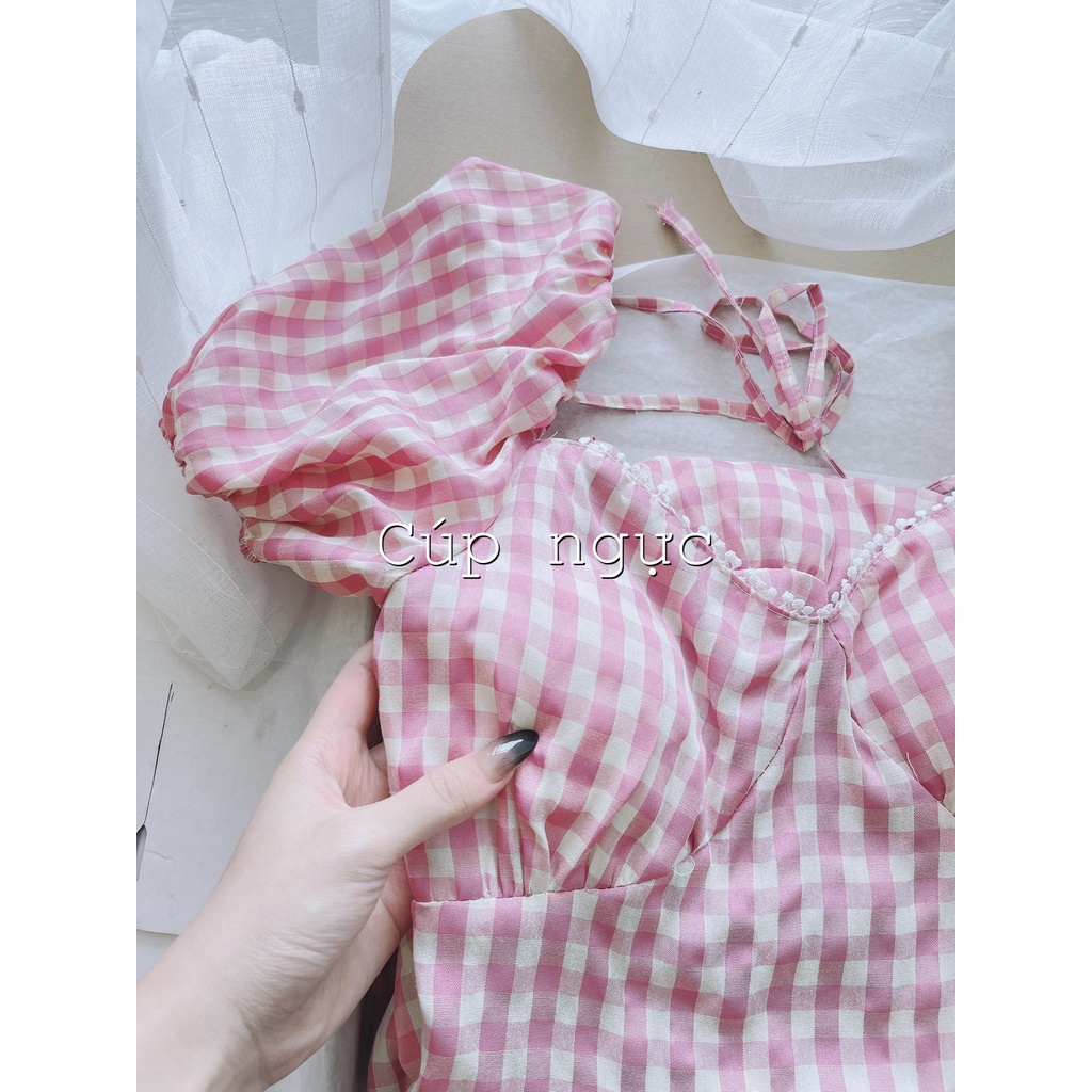 Váy kẻ hồng đầm 3 tầng 2 lớp có độn ngực maxi tay ngắn hở lưng đi biển siêu xinh-Minxy shop | BigBuy360 - bigbuy360.vn