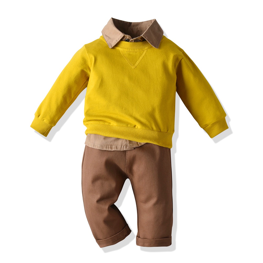 Bộ 3 chi tiết áo khoác cotton + áo sơ mi và quần kaki nâu tây của Mialy kids - Thời trang cho bé trai