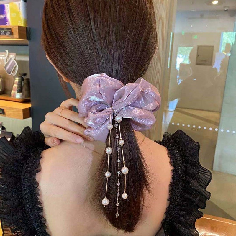 Dây buộc tóc lụa trang trí ngọc trai giả phong cách Hàn Quốc thanh lịch xinh xắn