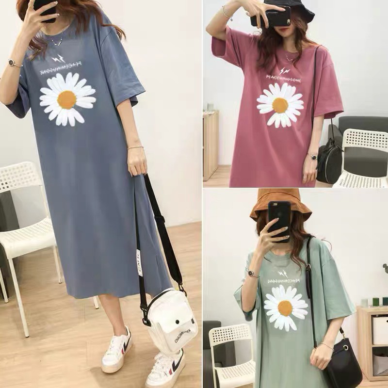Đầm suông cotton in hình hoa cúc trước ngực phong cách TTSLA0181