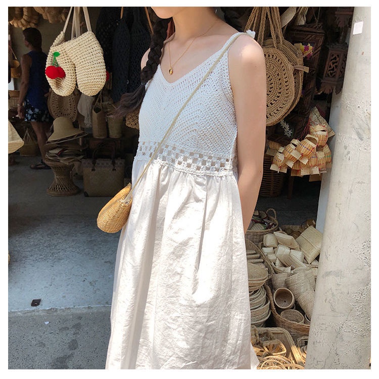 Đầm thời trang chiều dài trung bình cổ chữ V nhỏ nhắn màu trắng phong cách mùa hè trẻ trung dành cho nữ