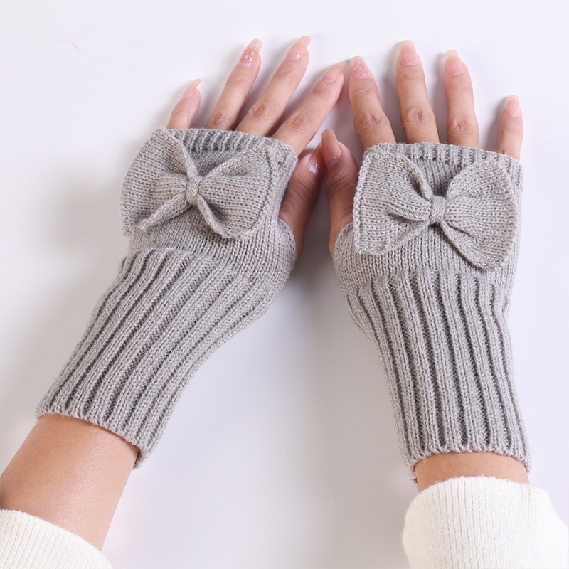 Găng Tay Len Hở Ngón Màu Trơn Đính Nơ Dễ Thương Cho Nữ