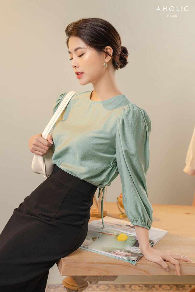 Áo kiểu sơ mi chất thô đũi rút nơ 3 màu Aholic A2874