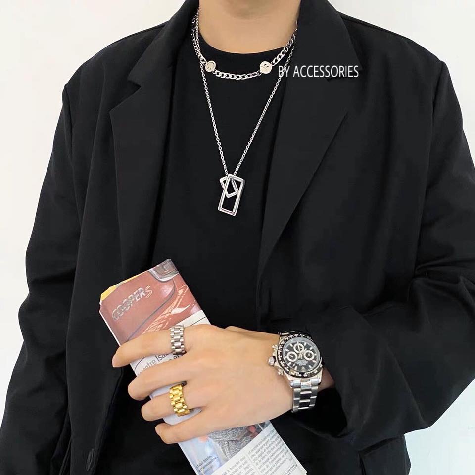 Dây chuyền titan xích phối 2 mặt chữ nhật rỗng không gỉ