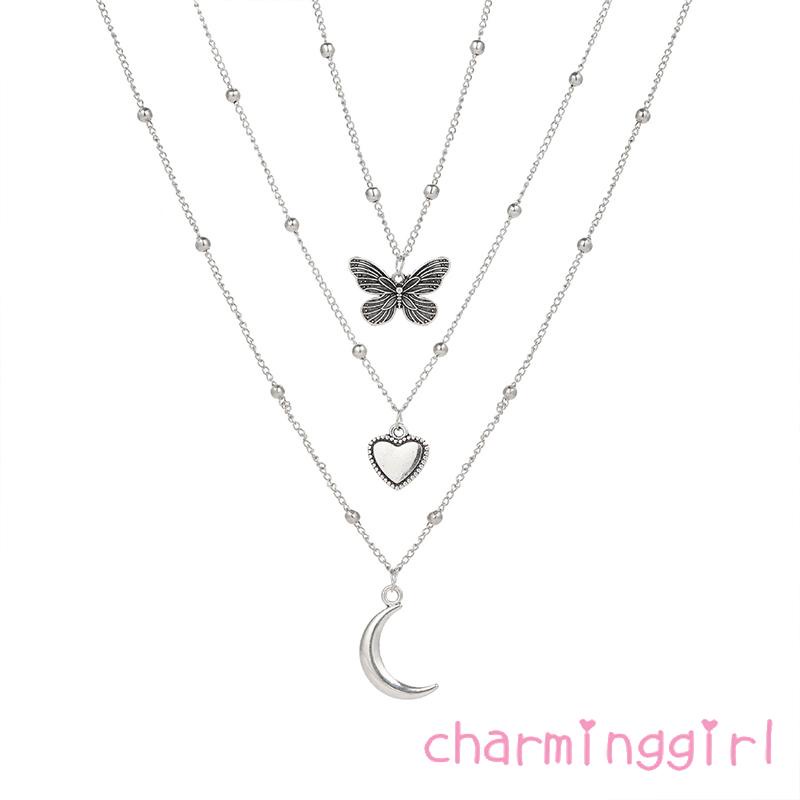 Bộ 3 Vòng cổ hợp kim mặt hình bướm mặt trăng trái tim sáng tạo cho nữ