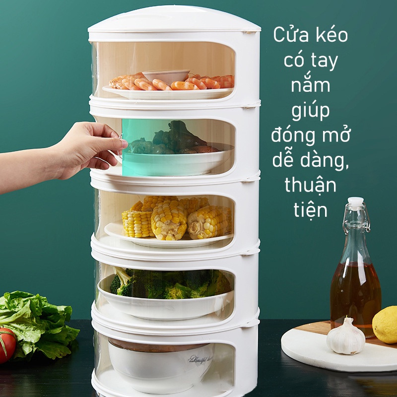 Lồng Bàn Giữ Nhiệt 5 Tầng Thông Minh Cửa Mở Ngang Trong Suốt Kích Thước 25x25x55cm