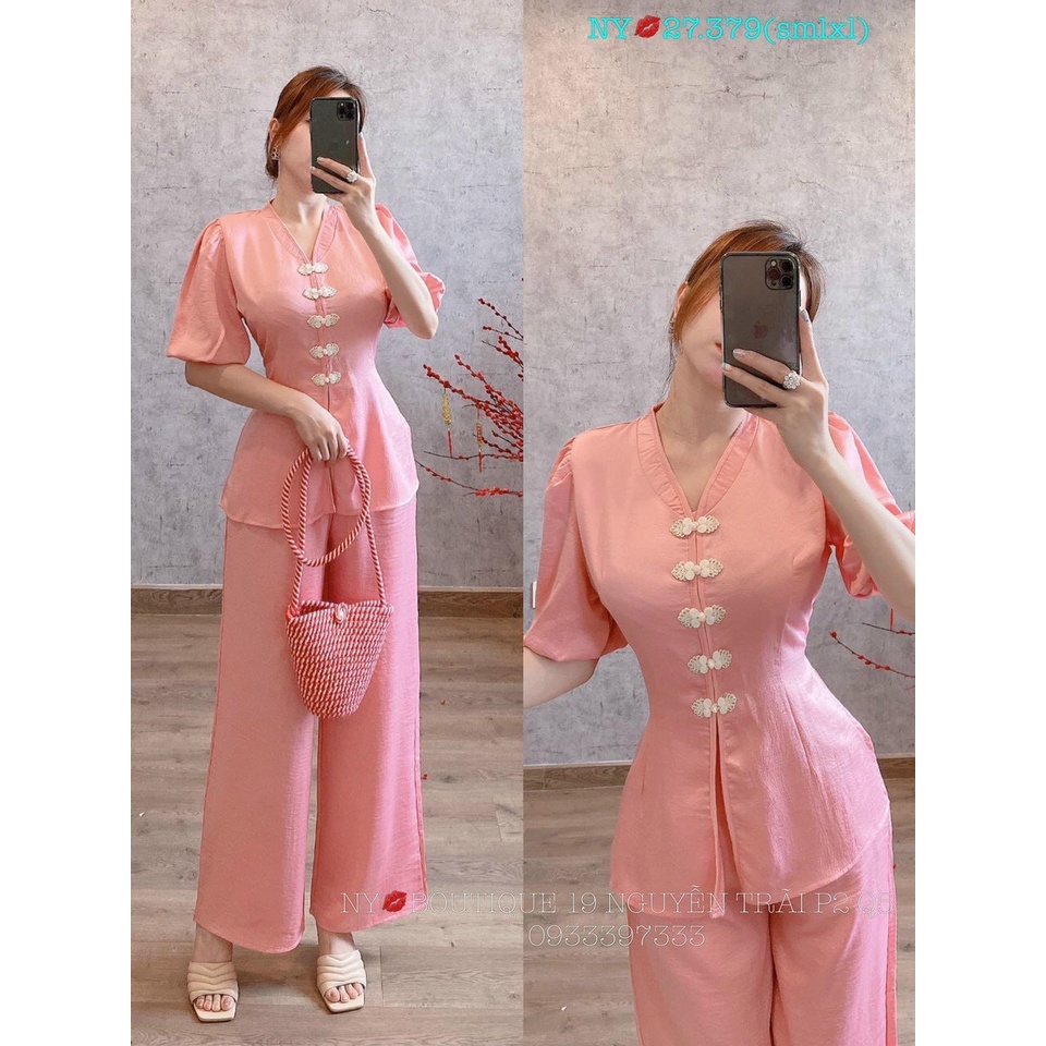 Bộ lam ống suông nút tàu tay lỡ gấm xước . Có sẵn