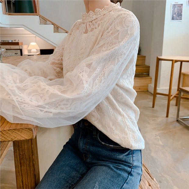 Áo Sơ Mi Tay Dài Dáng Rộng Màu Trơn Thêu Ren Phong Cách Hàn Quốc Thời Trang Cho Nữ
