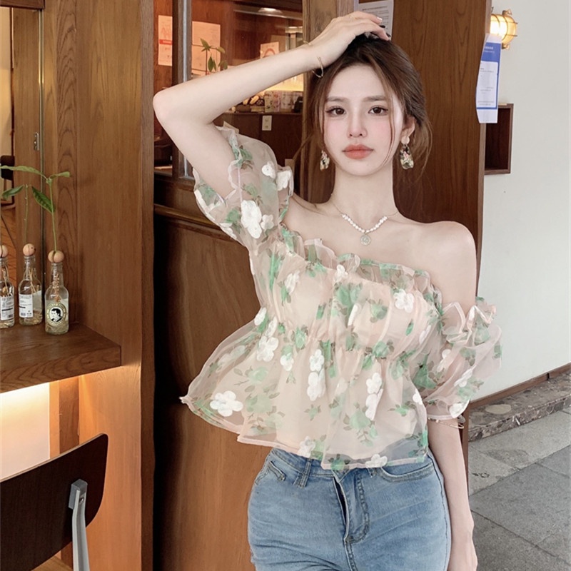 Áo Tay Ngắn Hoạ Tiết Hoa Thiết Kế Hợp Thời Trang Cho Nữ