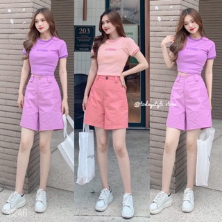 Set áo thun gân chữ thêu + quần shorts kaki siêu hot