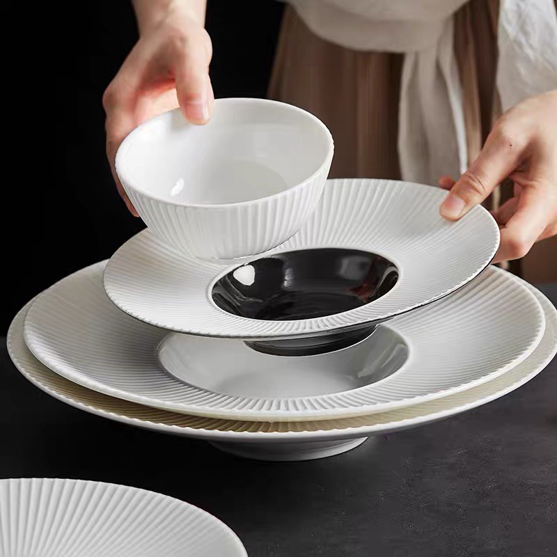 Bộ bát và đĩa nhà hàng phong cách Bắc Âu sang trọng, nhiều size, đĩa trắng và trắng lòng đen sâu lòng