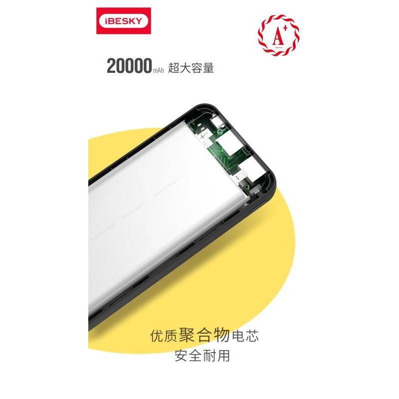 [SỐ LƯỢNG CÓ HẠN] Pin sạc dự phòng iBESKY S7 20000mAh lõi Li-Polymer 2 cổng sạc - Hàng chính hãng