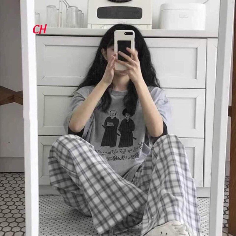 Sét áo xám xamurai + quần kẻ trắng COM955