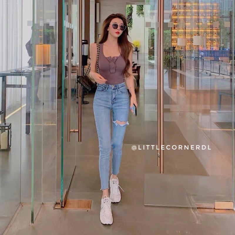 Quần Jean Rách Nữ Ôm Skinny Topshop Lưng Cao Co Dãn