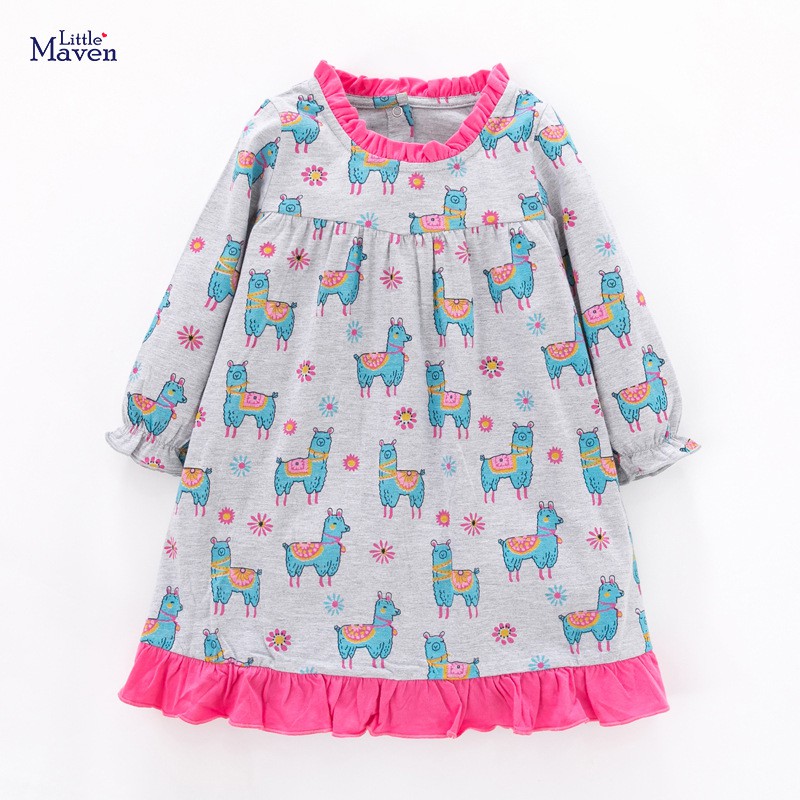 VÁY LITTLE MAVEN BÉ GÁI DÀI TAY CỔ BÈO HỌA TIẾT HOẠT HÌNH NGỘ NGHĨNH ĐỦ SIZE 2-6T