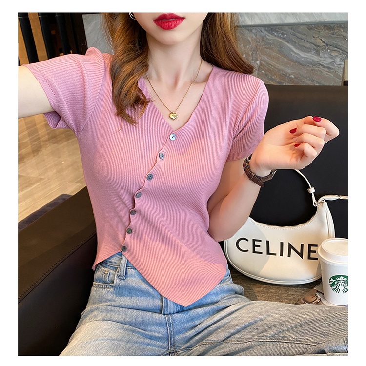 DUNEA Áo Thun Tay Ngắn Cổ Chữ V Thiết Kế Không Đồng Đều Quyến Rũ Thời Trang Cho Nữ