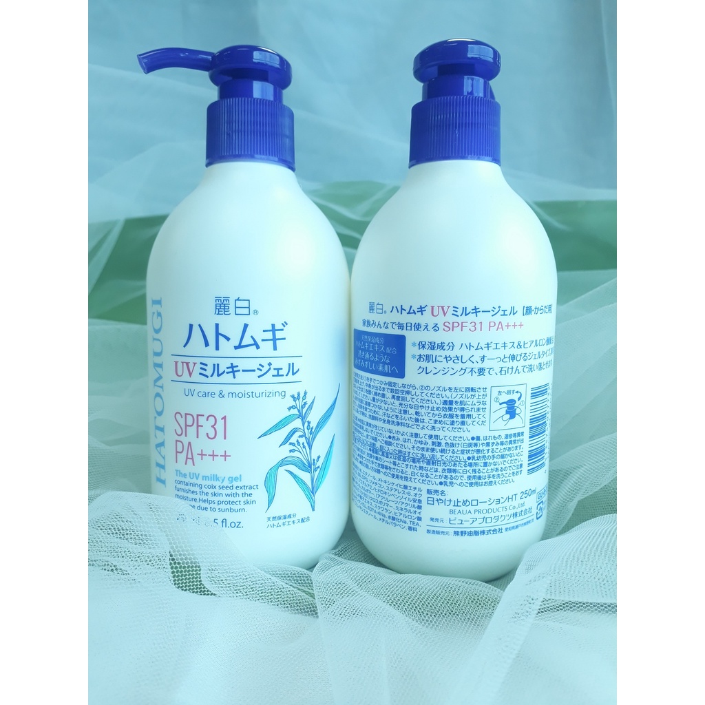 Sữa dưỡng thể chống nắng HATOMUGI The UV Milky Gel SPF31/PA+++ Dưỡng Trắng Da Từ Hạt Ý Dĩ 250ml