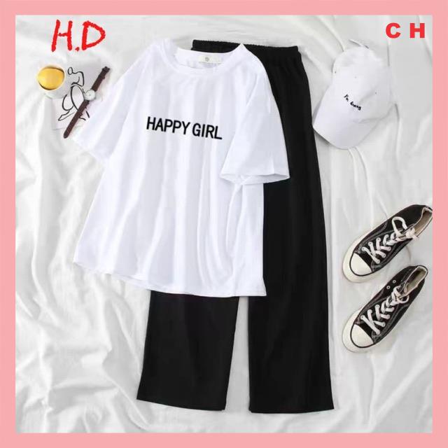 Sét áo phông happy girl + quần suôngBộ đồ nữ mặc nhà, áo thun tay lỡ + quần ống rộng phong cách Hàn Quốc; Unisex giá rẻ