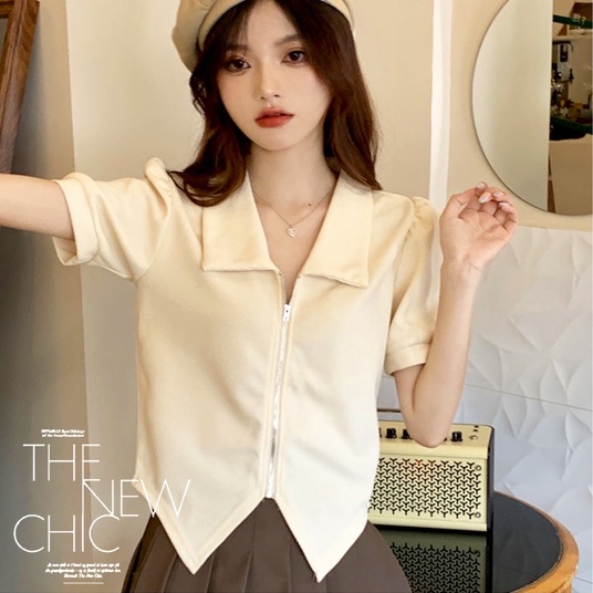 【ZHELIHANGFEI】 Áo Cardigan Dệt Kim Ngắn Tay Cổ POLO Phối Khóa Kéo Cá Tính