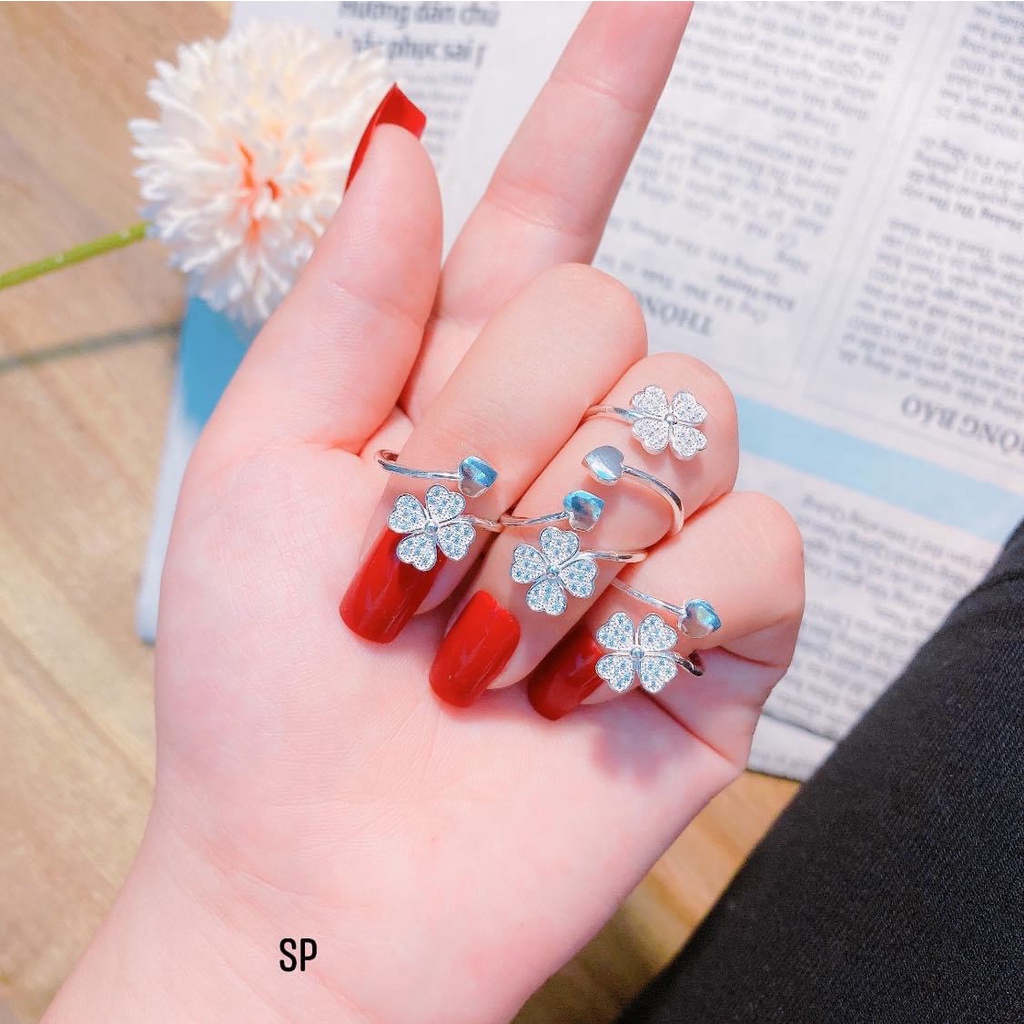 Nhẫn bạc nữ mẫu cỏ bốn lá đính đá dạng hở dễ đeo - Kho sỉ bạc Nhất Linh