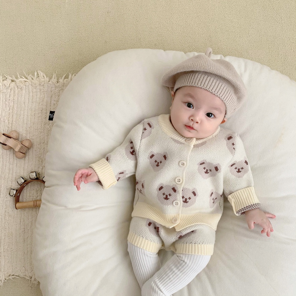 Bộ Áo Liền Quần Họa Tiết Gấu Dễ Thương Thời Trang Mùa Đông Cho Bé Từ 0-3 Tuổi
