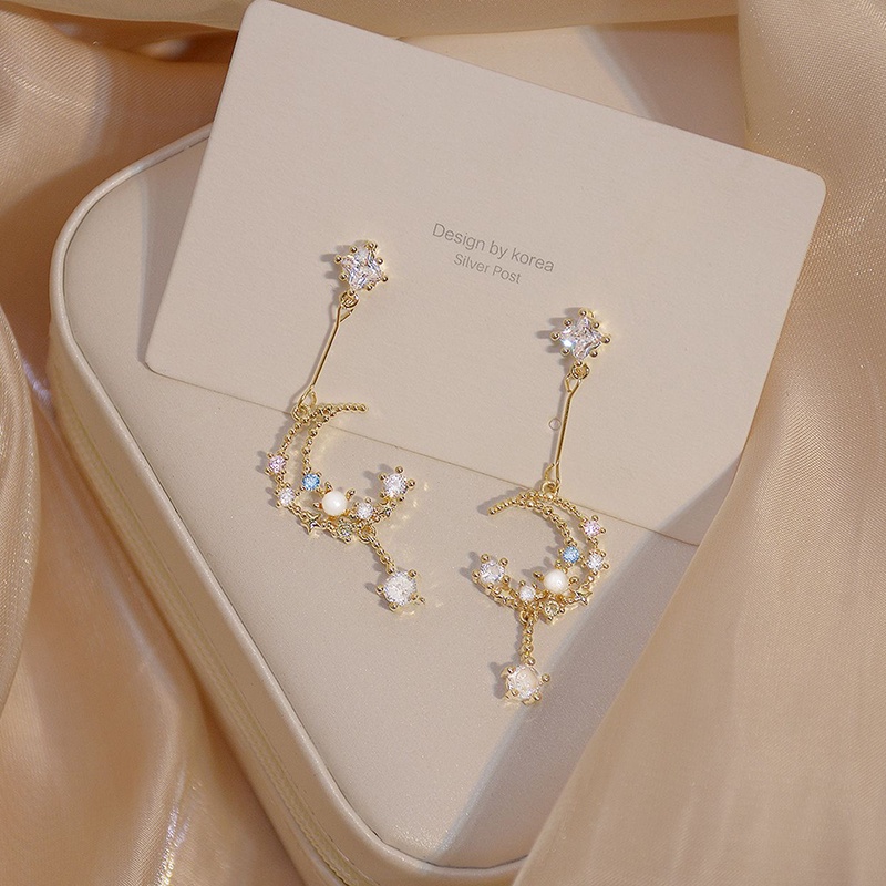 Bông tai hình mặt trăng đính đá trong suốt 14K nhiều màu sắc