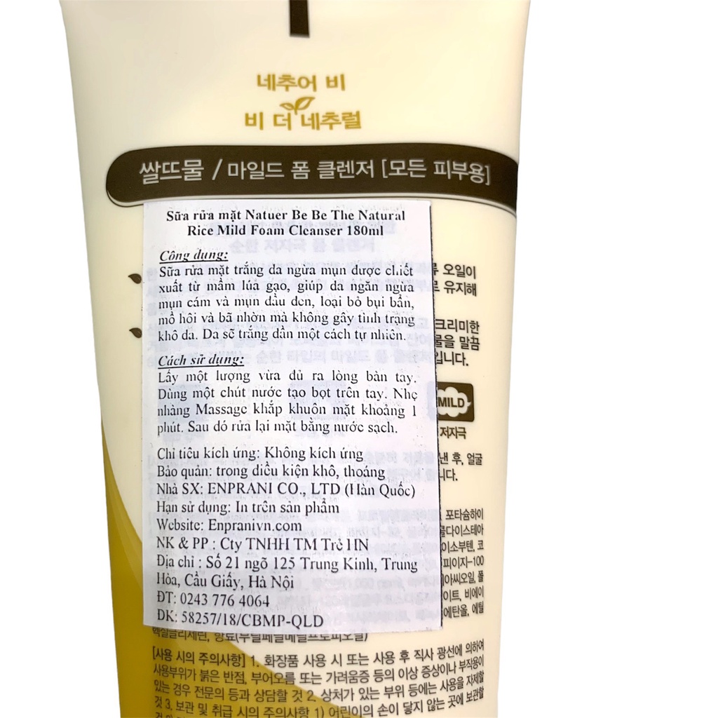 Sữa rửa mặt gạo Natuer Be Rice Mild Foam Cleanser dịu nhẹ sáng da mờ thâm không gây khô da Linh Giang chính hãng