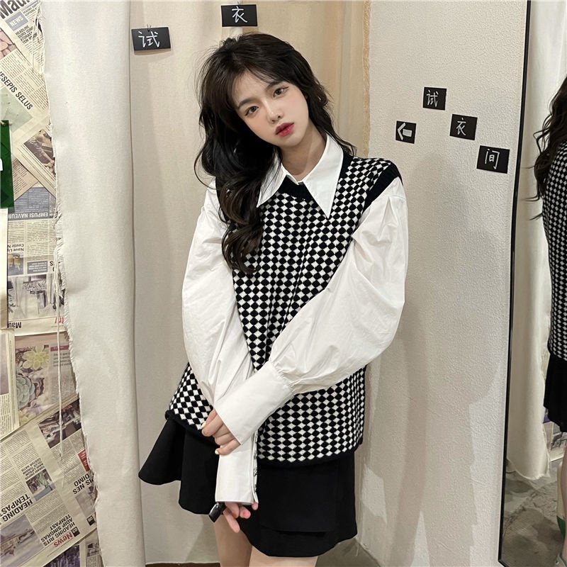 Áo dệt kim sát nách cổ tròn màu sắc tương phản thời trang mùa thu Hàn Quốc cho nữ