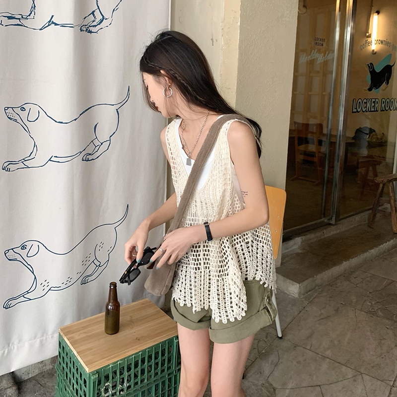 Xiaozhainv Áo Dệt Kim Không Tay Dáng Rộng Phong Cách retro Hàn Quốc Dành Cho Nữ