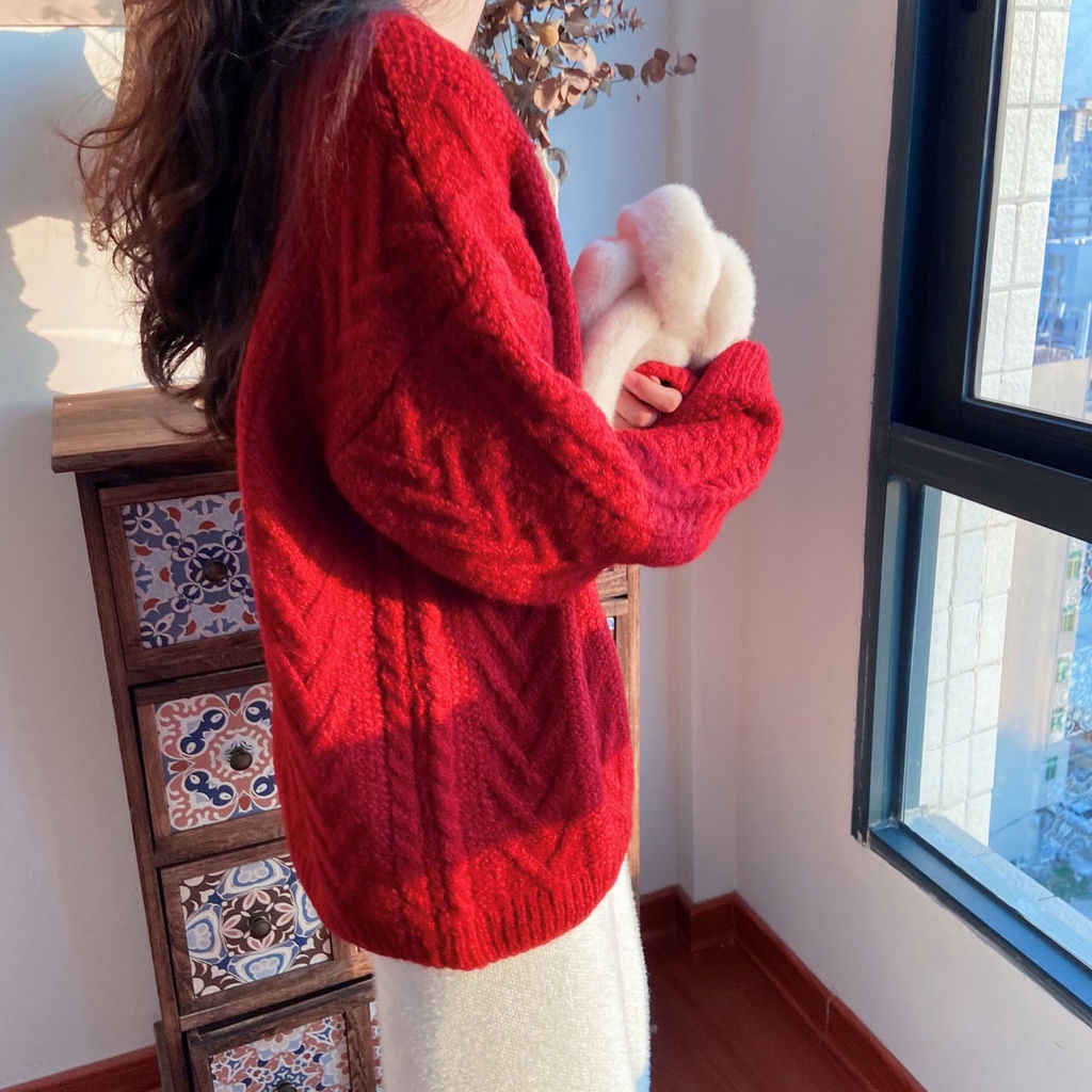 Áo chui đầu dáng rộng màu đỏ phong cách Giáng sinh mới cho nữ