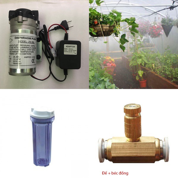 Bộ phun sương 20 đầu phun bằng đồng, có bơm tăng áp và cốc lọc, 20m dây tưới lan, làm mát không khí