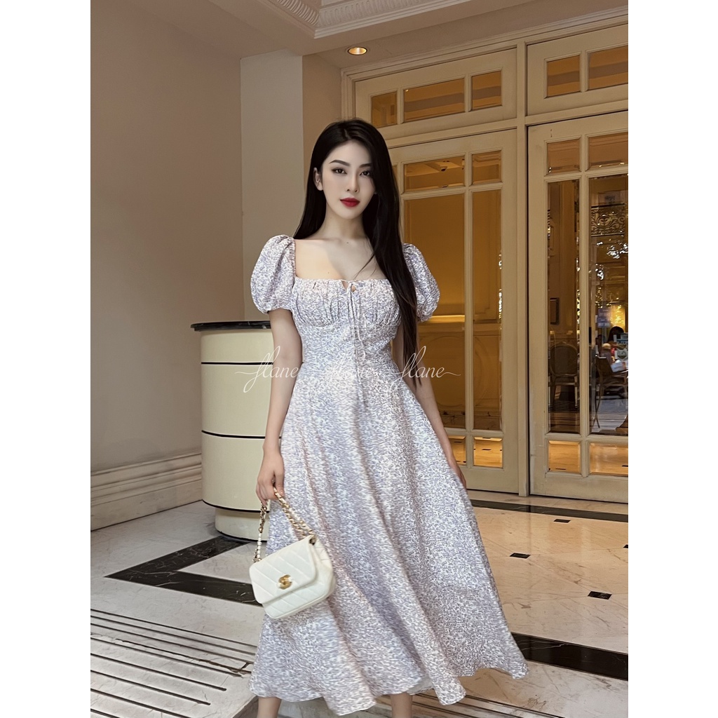 Váy hoa nhí tím xếp ly eo  [HÀNG THIẾT KẾ Flane] đầm hoa nhí dự tiệc cho quý cô hàng thiết kế cao cấp