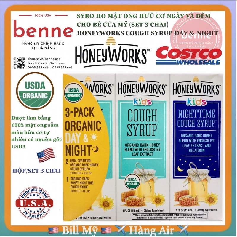 [Hàng Mỹ] Set 3 chai Siro Zarbee’s / Honeyworks Kids Organic Cough Syrup Day &amp; Night (2 Ngày+1 Đêm) Mỹ
