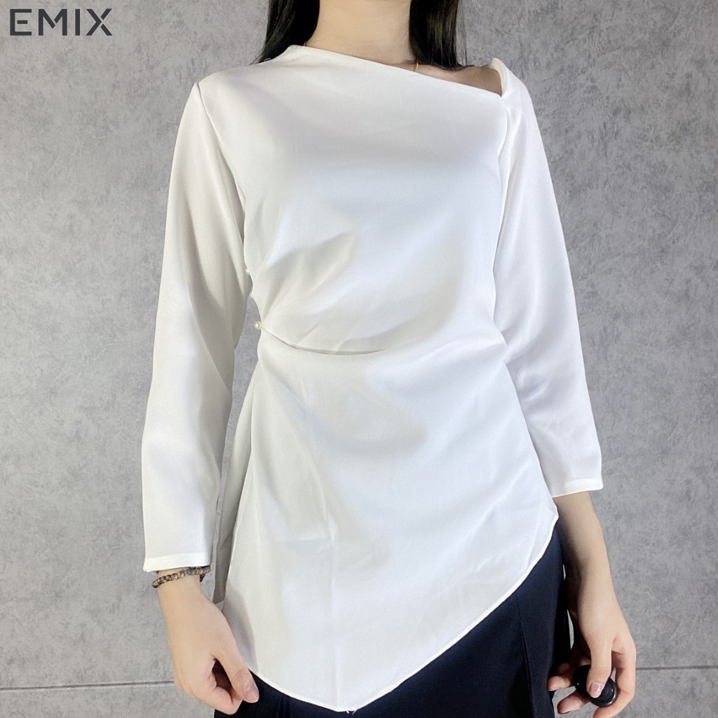 Áo lệch vai vạt chéo EMIX (màu trắng), dài tay, vạt lệch cá tính, chất thun dẻo mềm mịn, ôm eo tôn dáng a69