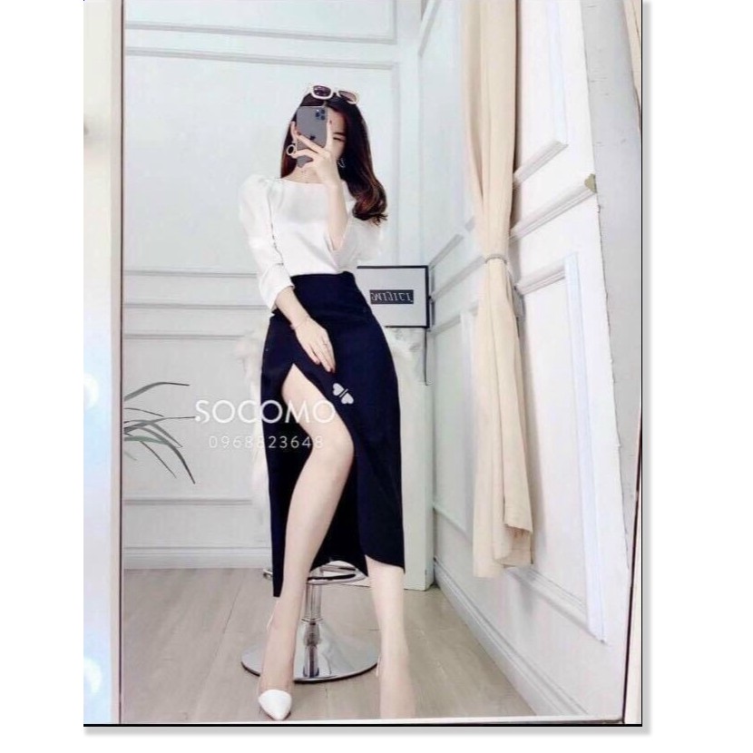 Set đầm công sở nữ áo trắng tay dài cổ tròn, chân váy xẻ tà sang chảnh, thích hợp để đi làm, đi chơi, lên for