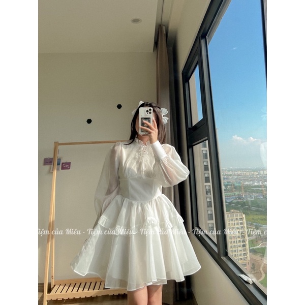 [𝗣𝗲𝗼𝗻𝘆 𝗱𝗿𝗲𝘀𝘀] Váy liền cổ V dài tay chân váy tầng tiểu thư