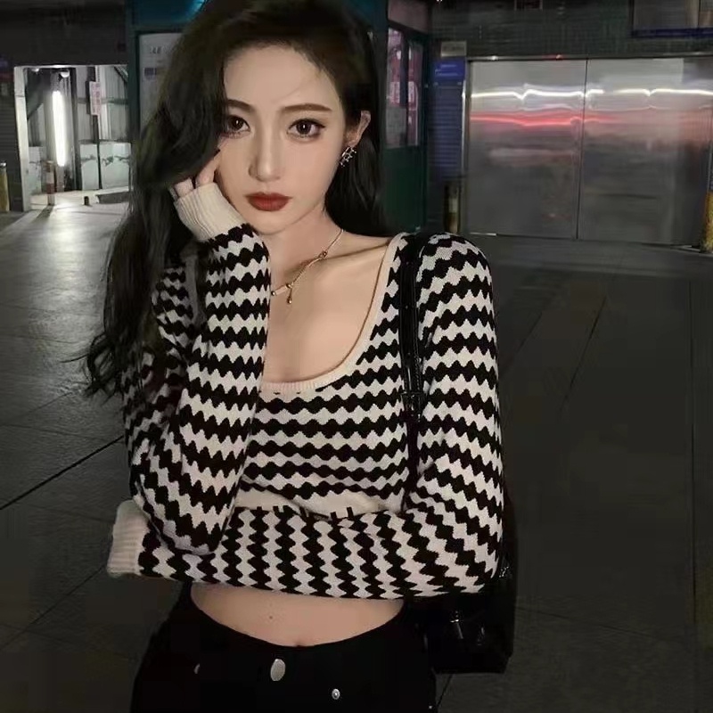 SUXI Áo Len Tay Dài Họa Tiết Sọc Ca Rô Dáng Ôm Thời Trang Xuân Thu Quyến Rũ Cho Nữ