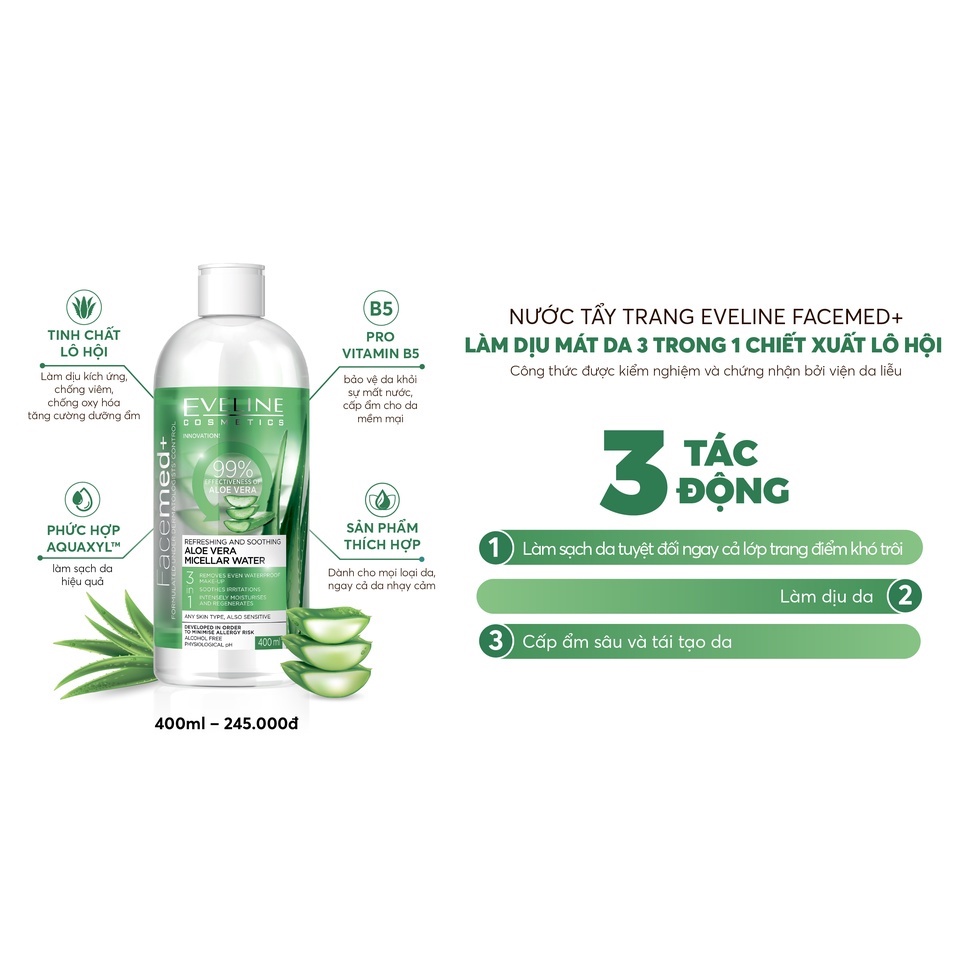 Nước Tẩy Trang Eveline Chiết Xuất Lô Hội Làm Dịu Mát Da - Facemed 400ml