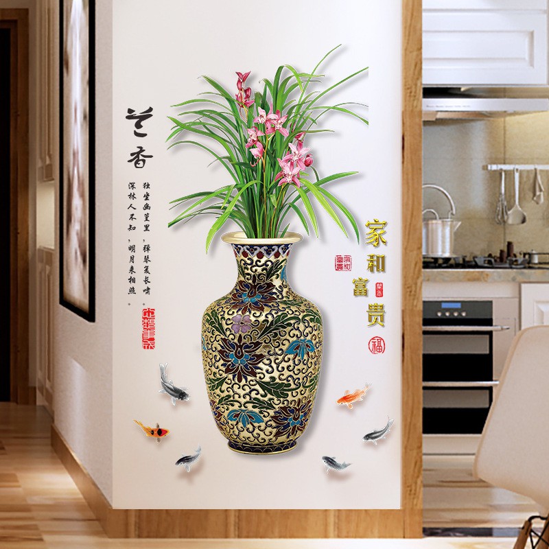 Tranh dán tường bình hoa cổ chữ gia hòa phú quý, Decal bình hoa chữ Hán, Tranh 3D phong thủy