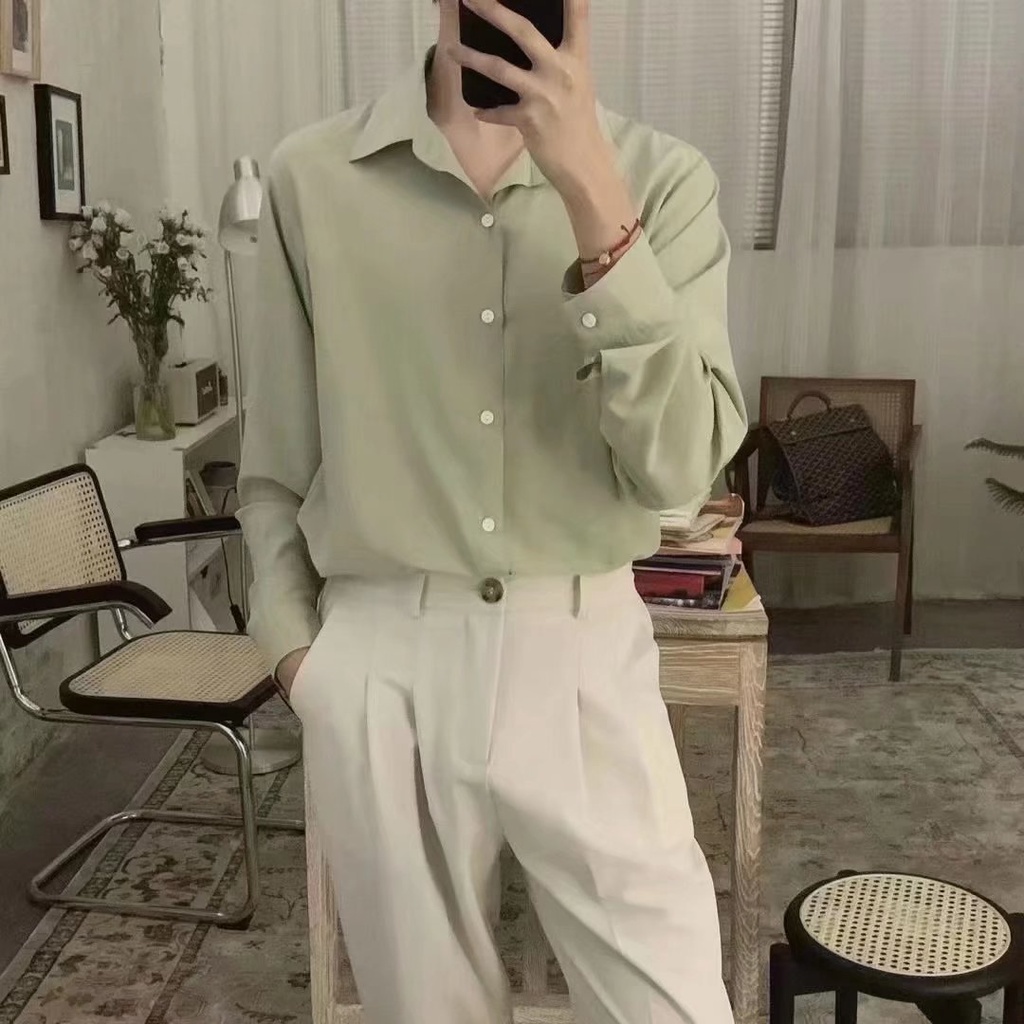 Áo sơ mi tay dài dáng rộng màu trơn đơn giản thời trang Hàn Quốc cho nam