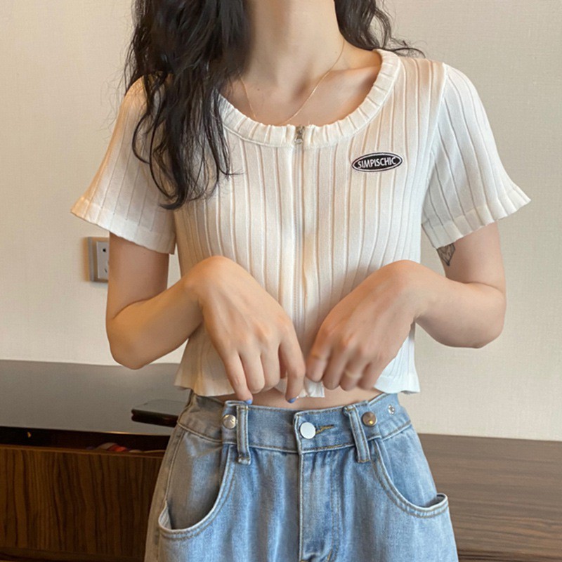 Áo Croptop Dệt Kim Tay Ngắn Thiết Kế Khoá Kéo Thanh Lịch