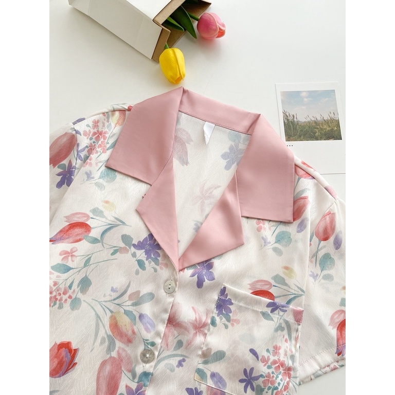 Bộ Đồ Ngủ 3 Món Tay Ngắn Bằng Lụa Họa Tiết Hoa Xinh Xắn Cho Nữ