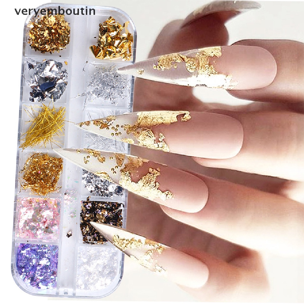 [Hàng mới về] Kim sa trang trí móng tay bằng kim loại hình lá mùa thu lá màu vàng/bạc long lanh