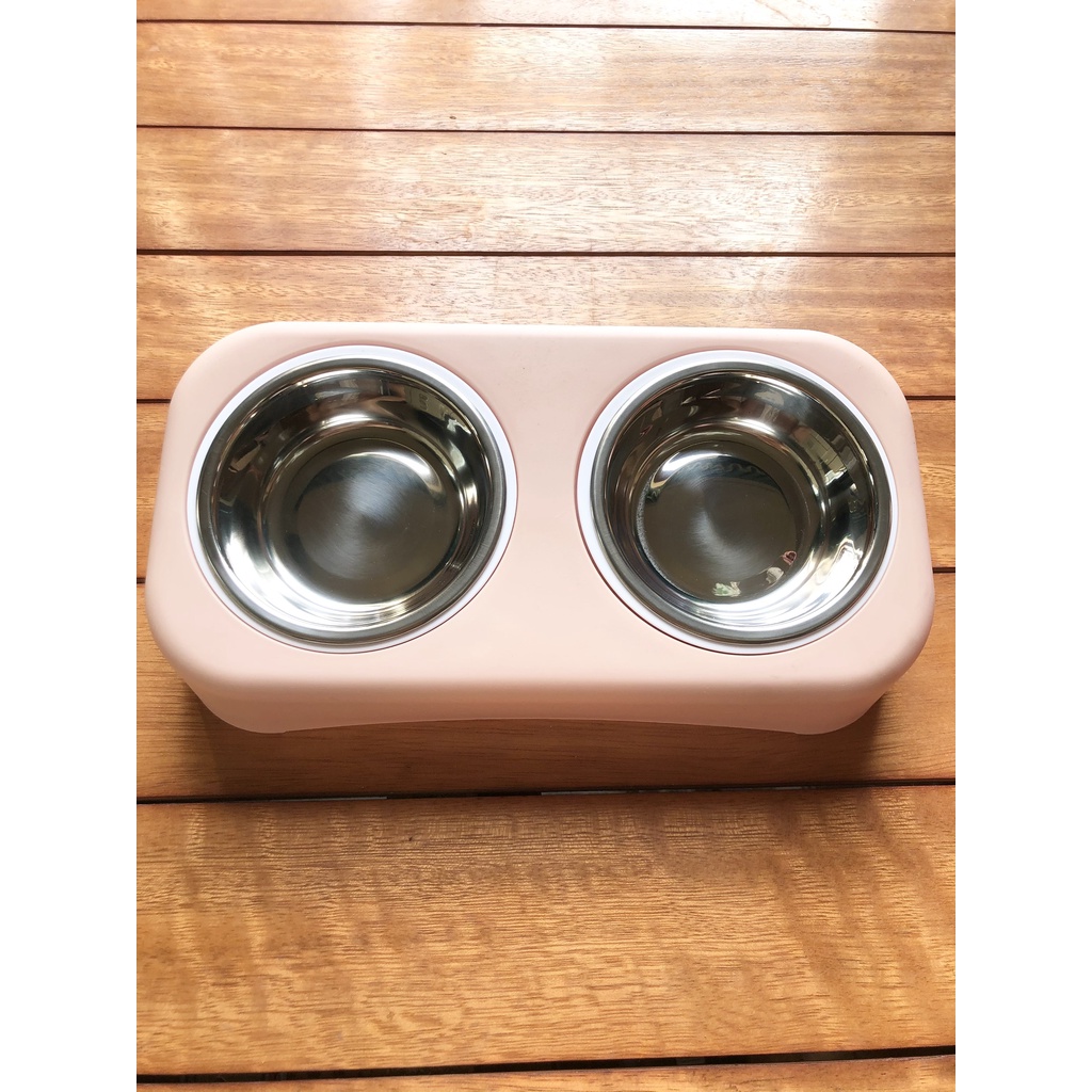 Bát ăn cho mèo - Bát cho chó ăn 2 ngăn ruột Inox chống gù