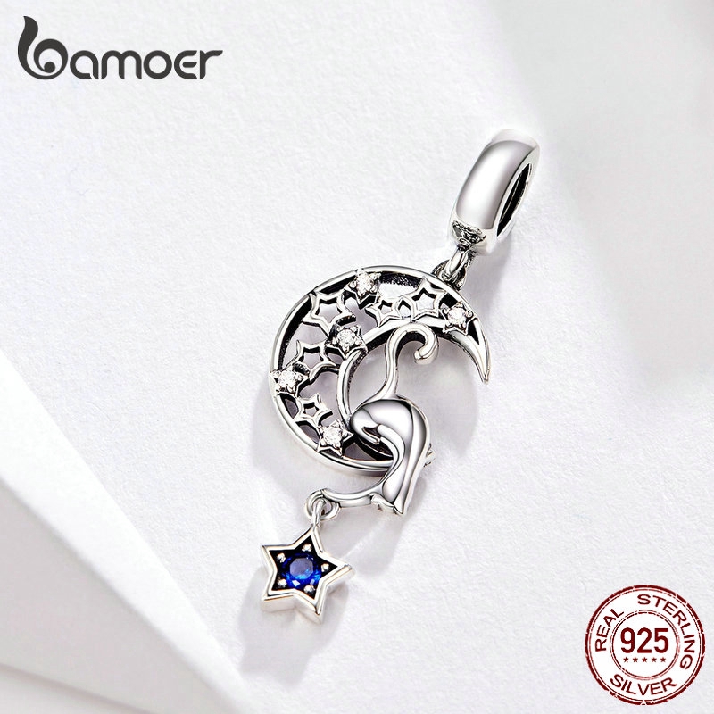 Charm Bamoer SCC1205 Bằng Bạc 925 Hình Mặt Trăng Ngôi Sao Và Mèo Vintage Dùng Làm Vòng Tay/dây Chuyền