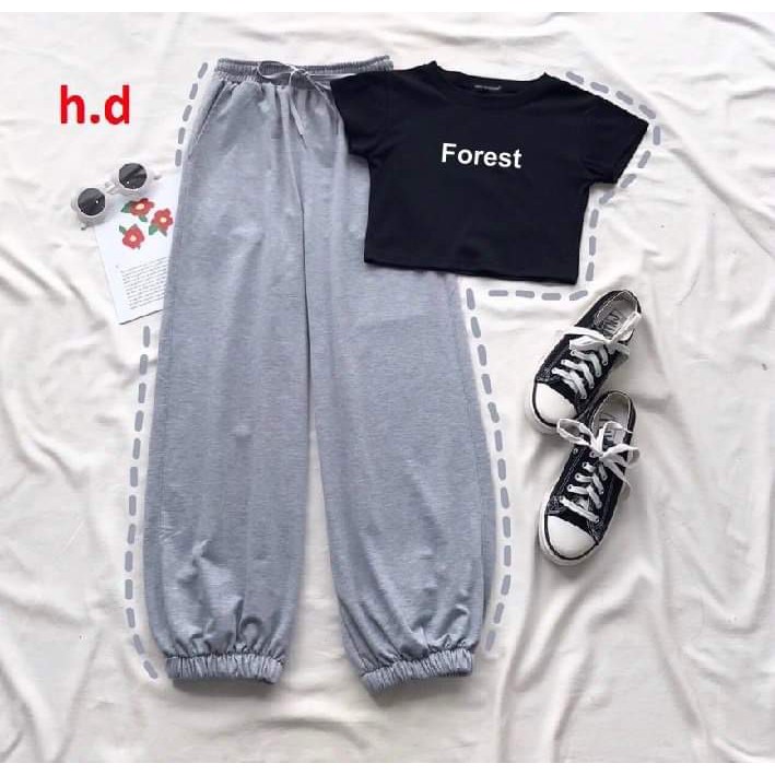 Sét áo croptop bozip Fores + quần chun gấu HDA0321