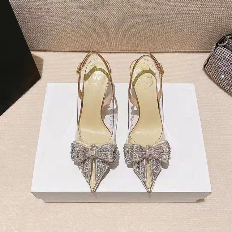 Giày cao gót mũi nhọn đính nơ pha lê trong suốt phong cách cổ tích thời trang nữ